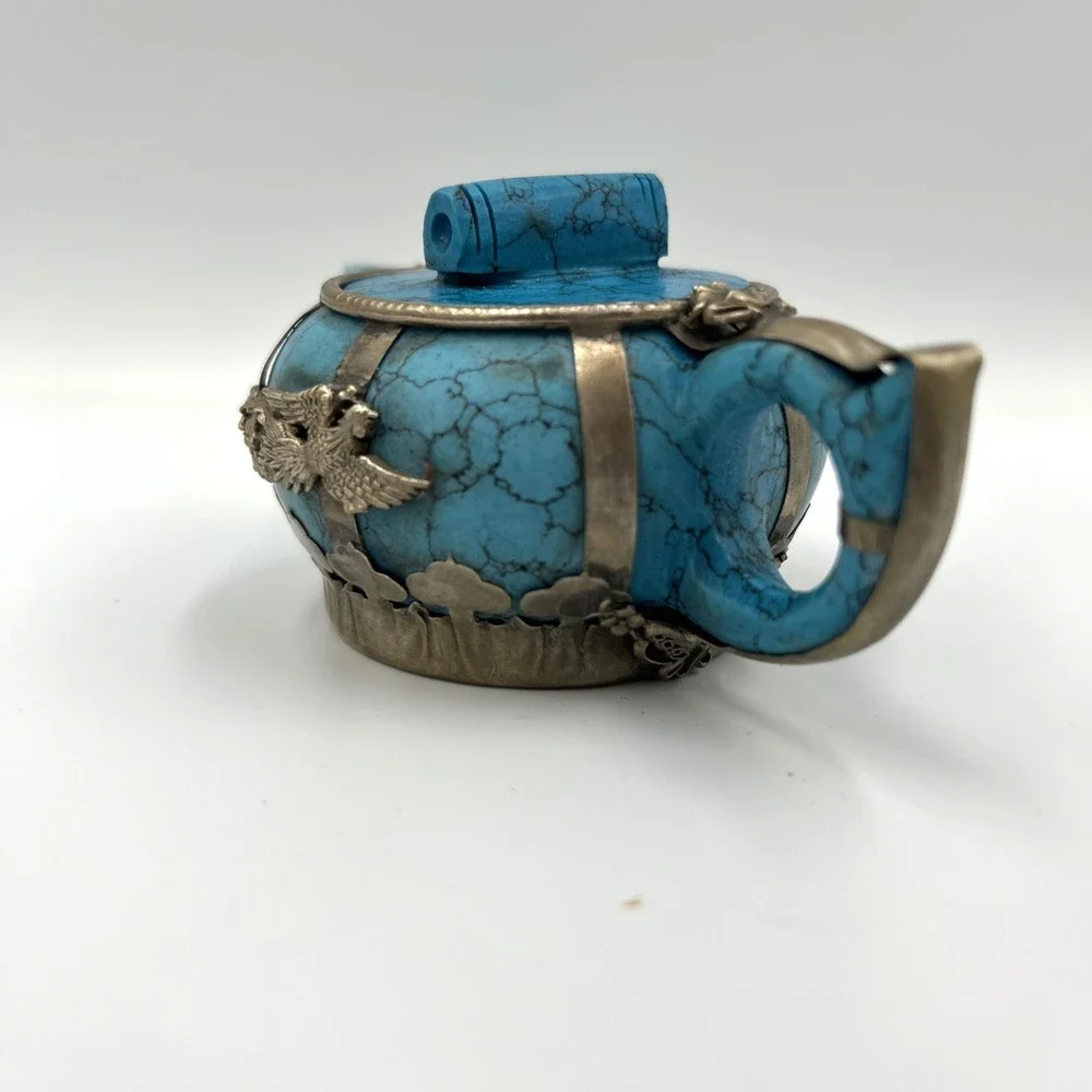 Oriental Turquoise Miniature Teapot with Silver Accents Dragon Phoenix